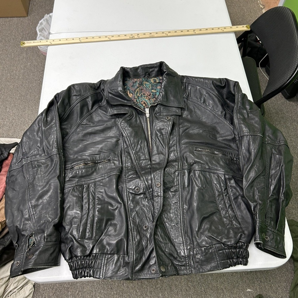 Sylvia Leather Bomber Jacket Mens L Black Paisley Lining Vintage Zip Up H1